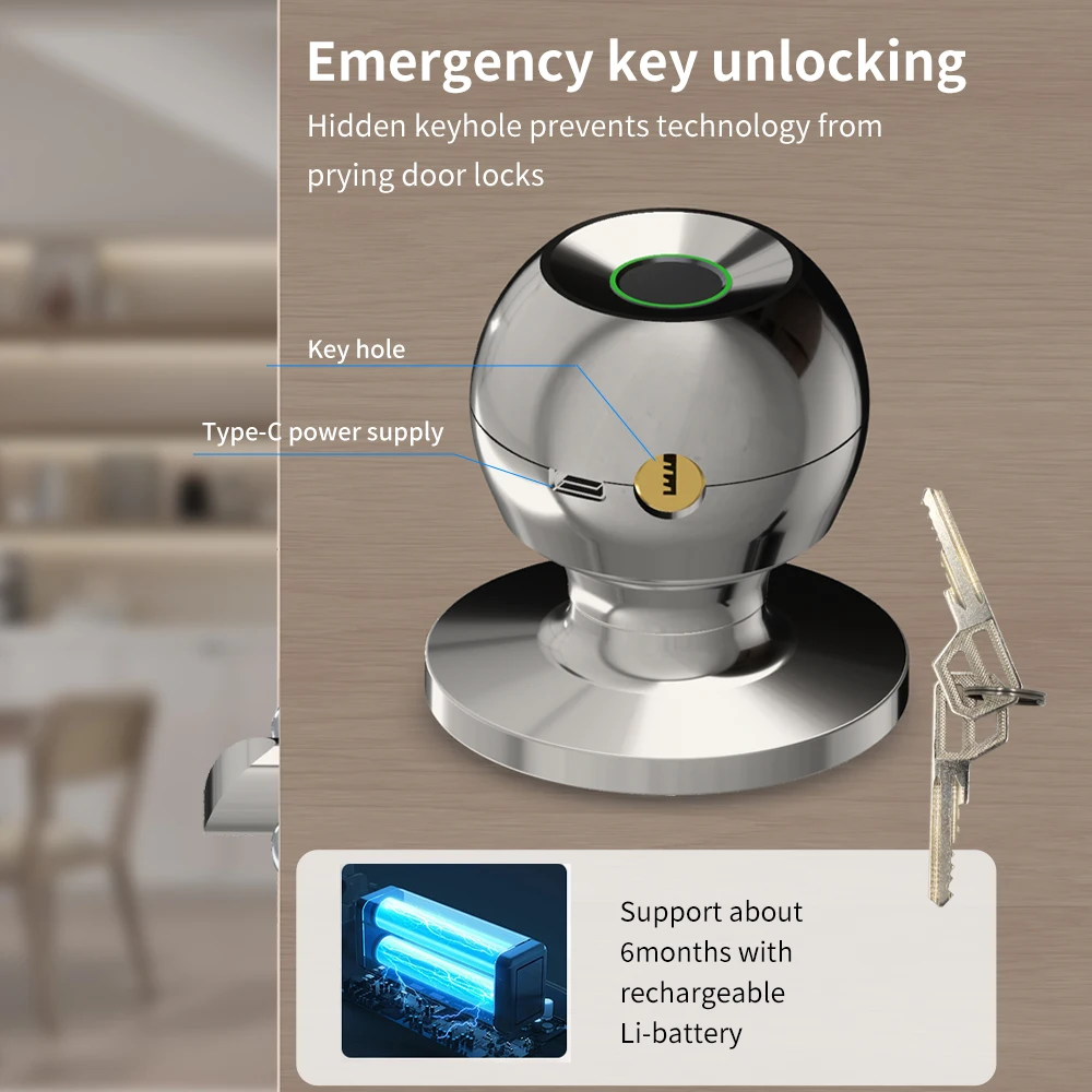 Bluetooth App Control Fingerprint Door Knob – Smart Metal Handle Lock with Keyless Rotation and Security Access - Image 5