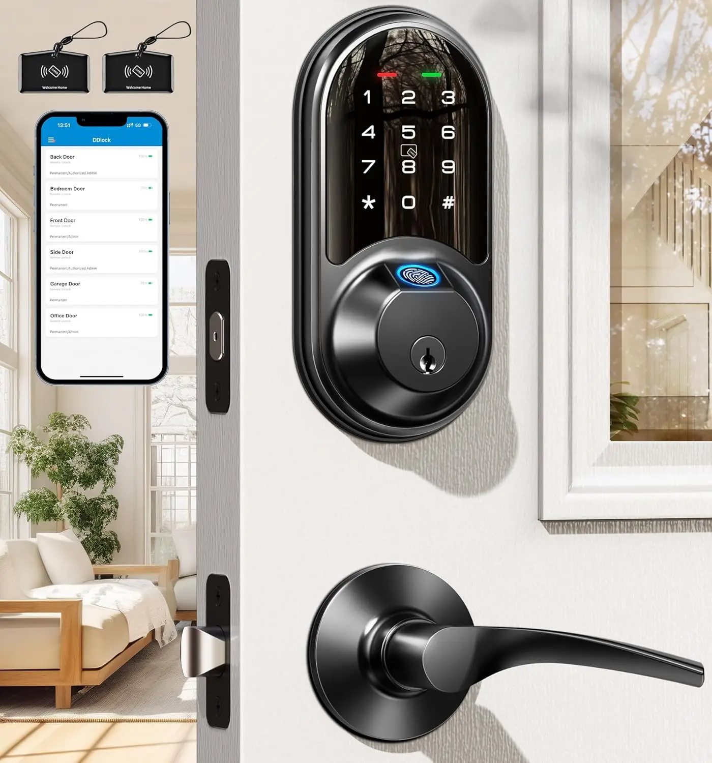 Biometric Keyless Door Lock Set – Smart Fingerprint Entry with Dual Lever Handles and Touchscreen Access