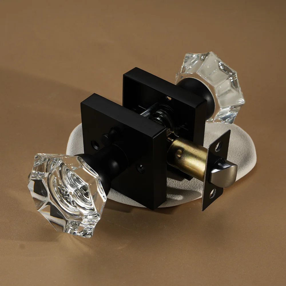 Crystal Handle Zinc Alloy Door Lever – Modern Bedroom and Bathroom Privacy Lock with Square Base Design - Image 2