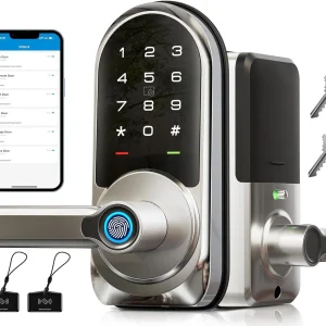 Keyless Entry Fingerprint Smart Deadbolt – App Controlled Electronic Door Lock with Handle for Front Door